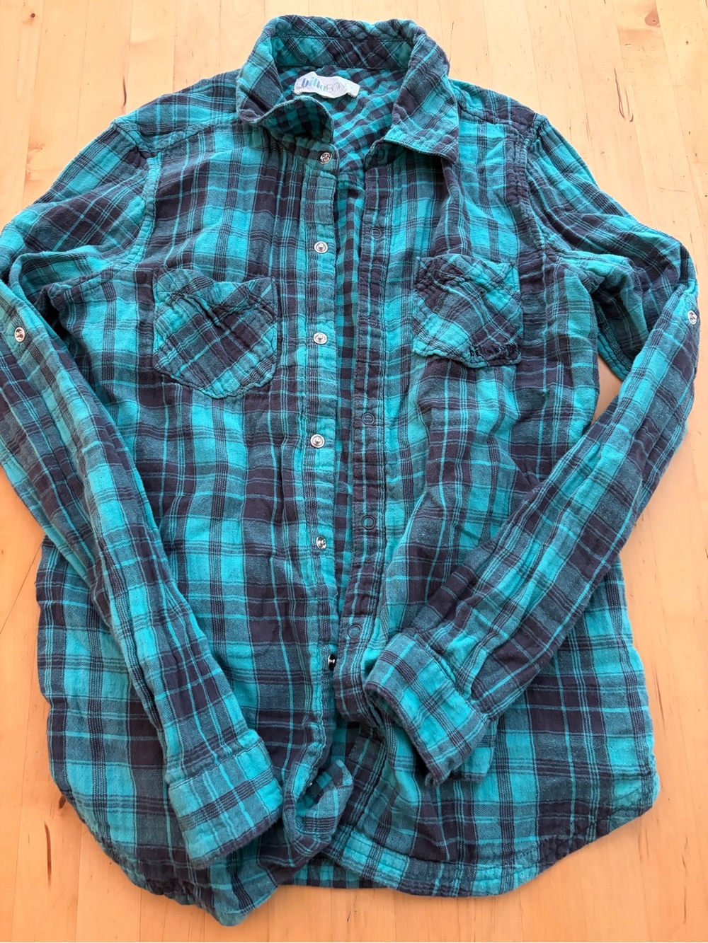 Billabong Teal and Black Plaid Button-Down Shirt